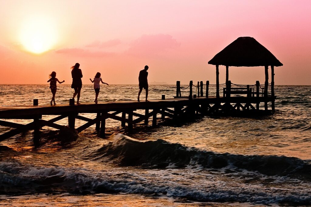family, children, woman, man, happy, ocean, holiday, pier, silhouette, sunrise, beach, dock, brown beach, brown happy, brown sea, brown sunrise, nature, brown ocean, brown happiness